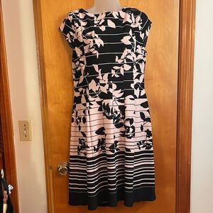 Black and Blush Floral Stripe Fit-and-Flare Midi Dress